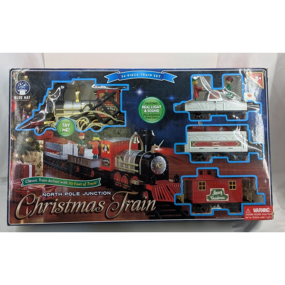 Blue Hat North Pole Junction Christmas Train Set 34-Piece Real Light & Sound